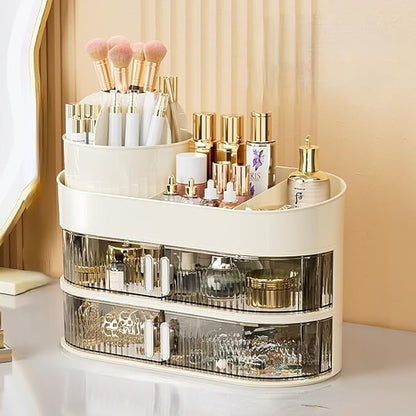 Makeup Organizer for Vanity 360 Rotating Brush Holder Cosmetic Storage with Dustproof Drawer Large Countertop Skincare Display Case for Jewelry Perfume Lotions