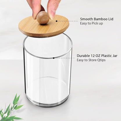 Amolliar 2 Pack Qtip Dispenser with Bamboo Lids - 12 Oz Clear Plastic Apothecary Jar for Vanity Makeup Organizer Storage - Bathroom Decor for Q-Tips Cotton Swabs, Cotton Balls, Pads, Floss