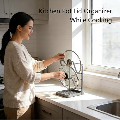 Pot Lid Organizer Rack, Kitchen Pot Lid Storage Rack, Carbon Steel 2-Tier Lids Holder with Detachable Drip Tray While Cooking, Pot Lid Holder Countertop, Multifunctional Space-Saving