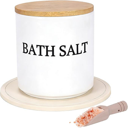 29oz Airtight Ceramic Bath Salt Jar Set - with Wooden Lid, Scoop & Anti-Slip Mat, Opaque Bathroom Storage Organization for Epsom Salt, Spa & Bath Bombs, White-S
