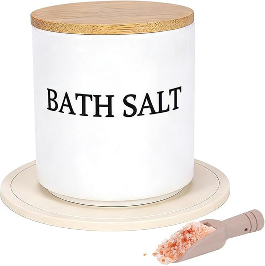 29oz Airtight Ceramic Bath Salt Jar Set - with Wooden Lid, Scoop & Anti-Slip Mat, Opaque Bathroom Storage Organization for Epsom Salt, Spa & Bath Bombs, White-S