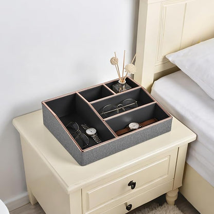 PU Leather Makeup Organizer Tray,Large Vanity Organizer,Cosmetic Storage Box for Lipstick Brushes Skincare Perfume,Cosmetic Display Case Rose Gold-trimmed for Dresser,Bathroom Countertop(Grey)