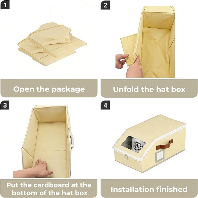 2 Pack Hat Organizer for Women & Men, Foldable Hat Storage Box with Clear Window Lid, Stackable Clear Hat Storage for Baseball, Cowboy Caps, Store up to 28 Caps, Butter Yellow
