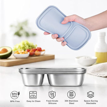 3 Pack Stainless Steel Snack Containers with Silicone Lids, 2-Compartment Snack Containers for Lunch, Office, Travel & Camping（Aqua, Blue, Grey