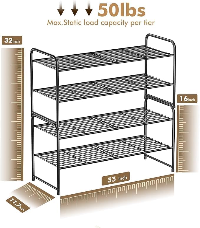 SUFAUY 2 Pack 2-Tier 33" Wide Shoe Rack, Shoe Shelf Storage Organizer for Entryway, Extra Large Capacity, Bedroom Footwear Organizer, Wire Grid, Black