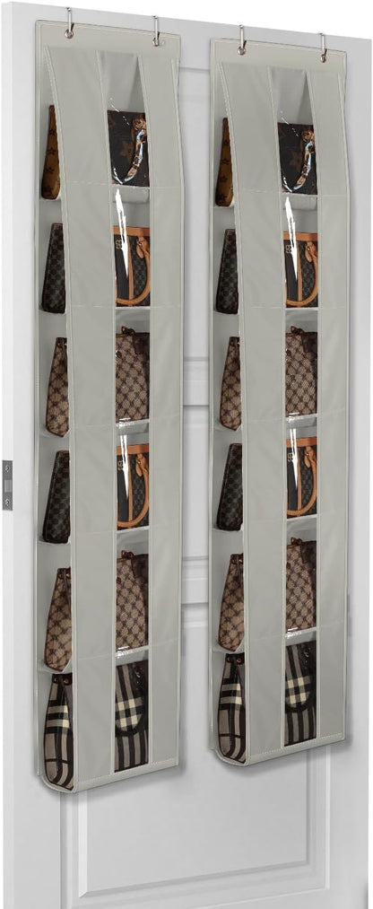 Lirex Over the Door Organizer, 2 Pack Handbag Storage with 6-Tier Space-Saving for Door or Closet, Handbag Hanger, Grey