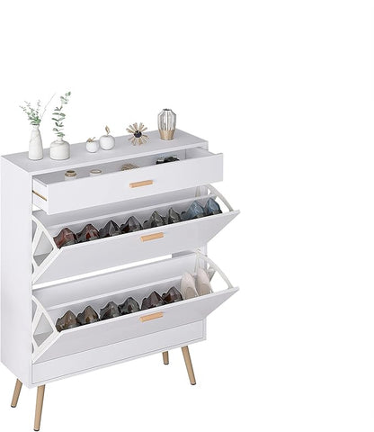 Narrow Shoe Storage Cabinet - Entryway Shoe Rack Cupboard Organizer for Home and Apartment, White