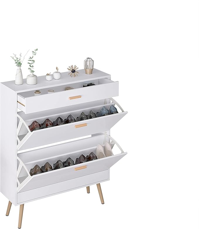 Shoe Storage Cabinets, Free Standing Shoe Organizer with 2 Flip Drawers for Entryway, Narrow 3 Tier Entryway Hidden Shoe Rack with Doors for Heels, Boots, Slippers (White-2 Flip Drawers)