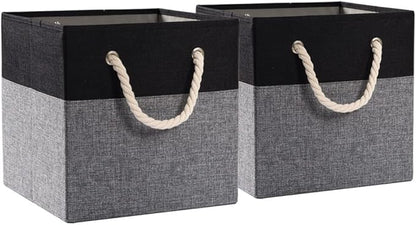 PRANDOM Large Foldable Cube Storage Bins 11x11 inch [2-Pack] Fabric Linen Storage Baskets Cubes Drawer with Cotton Handles Organizer for Shelves Nursery Closet Bedroom Black