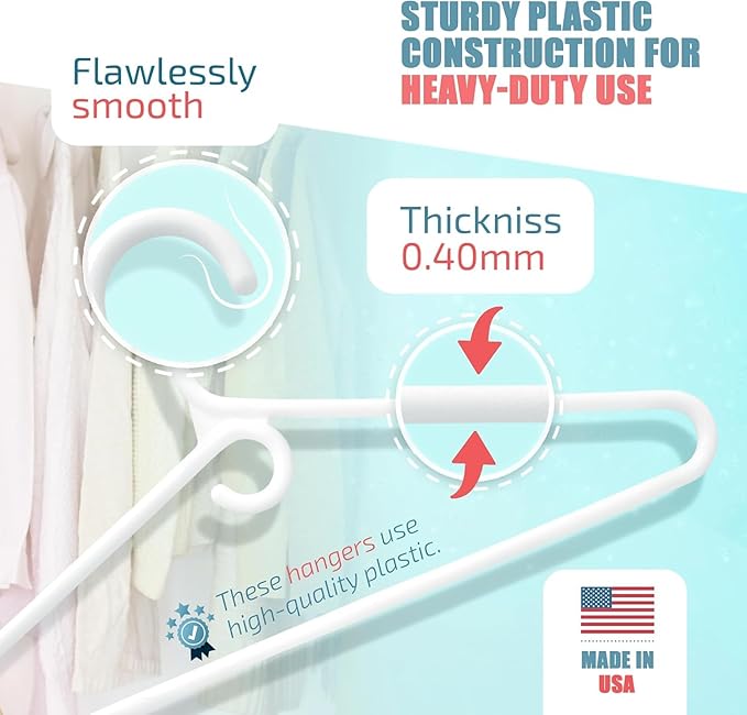 DEILSY™ Heavy Duty Plastic Hangers 30 Pack - Extra Heavy Duty Hangers for Clothes, Thick White Plastic Hangers, Strong Clothes Hangers with Hook for Scarves & Belts