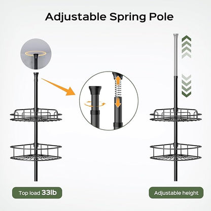 HAMITOR Corner Shower Caddy Tension Pole: 4-Tier Rust-Resistant Adjustable Bathroom Organizer Shelves - 47-121 Inch No-Drill Quick Installation - Space-Saving Storage for Renters Families - Black