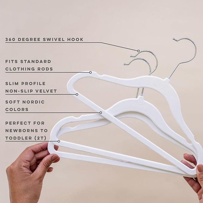 3 Sprouts Velvet Baby Hangers - Non-Slip Hangers for Infant and Toddler Clothes - Slim Space-Saving Design with Nordic Colors for Nursery - 30 Pack - White