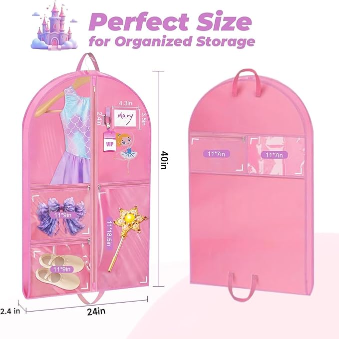 2 Pack Hanging Dance Garment Bag, 40 Inch Waterproof Costumes Bag for Travel, Pink Clothes Bag with 5 Pockets for Dance, Sports, Skating, Beauty Pageants, Theatre