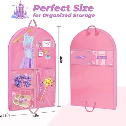 2 Pack Hanging Dance Garment Bag, 40 Inch Waterproof Costumes Bag for Travel, Pink Clothes Bag with 5 Pockets for Dance, Sports, Skating, Beauty Pageants, Theatre