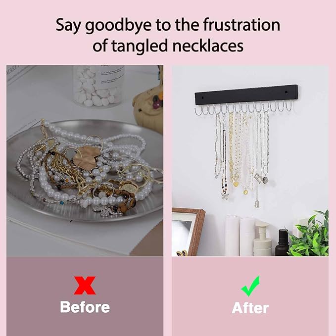 SCUNDA Wall Mounted Necklace Holder, Classic Style Necklace Holder, Tangle-Free Wall Jewelry Organizer with 28 Hooks(2 Packs,Black)