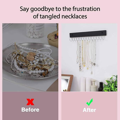 SCUNDA Wall Mounted Necklace Holder, Classic Style Necklace Holder, Tangle-Free Wall Jewelry Organizer with 28 Hooks(2 Packs,Black)