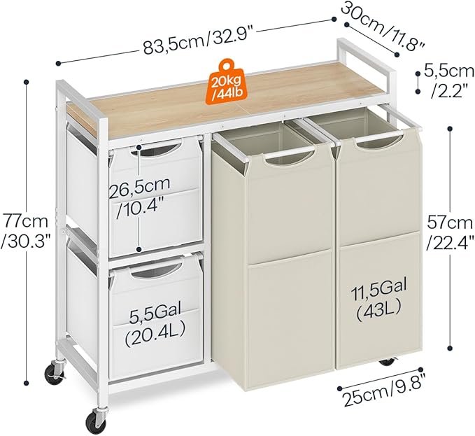 HOOBRO Laundry Sorter with 4 Section, 34 Gal. (127 L) Laundry Hamper with Wheels, Rolling Laundry Basket with Shelves, Pull-Out Detachable Bags, Side Pockets, White, Natural and Beige WNE14XY01N1