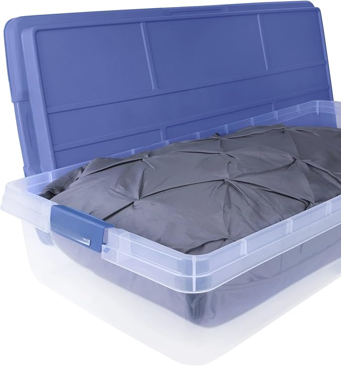 63-Quart Clear Latching Storage Bin with Secure Smoke Blue Lid, Durable Plastic Container for Home Organization