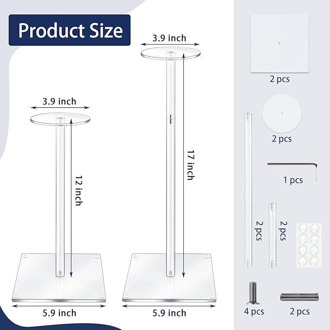Acrylic Hat Stand and Wig Display Rack, 2pcs 17" Clear Hat Stands for Display, Adjustable Height Hat Holder, Square Barbell Base Display, Hat Rack Stand for Display Jewelry Watch Helmets
