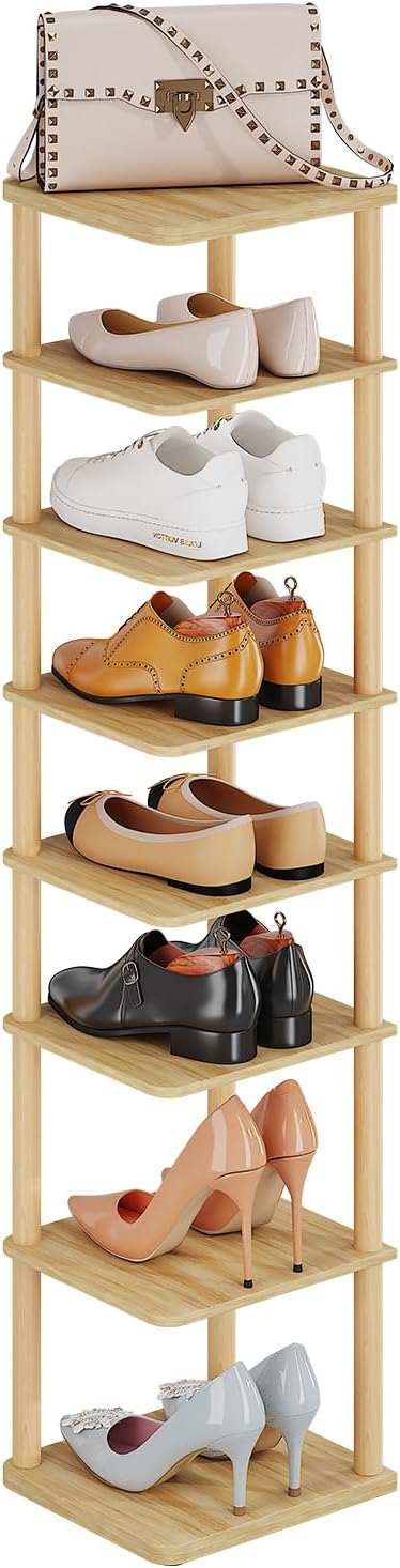 LUCKNOCK Vertical Shoe Rack, 8-Tier Tall Narrow Shoe Organizer for Entryway, Closet, Dorm & Small Spaces, Freestanding Wooden Shoe Shelf Tower for Boots, Sneakers, Heels. (Natural)