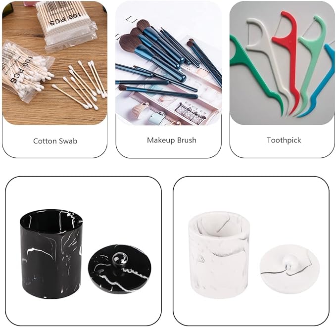 Marble Qtip Holder with Lid, White Resin Cotton Swab Container, Small Apothecary Storage Jars, Bathroom Q-Tip Holder for Cotton Balls, Swabs, Pads, Floss Picks