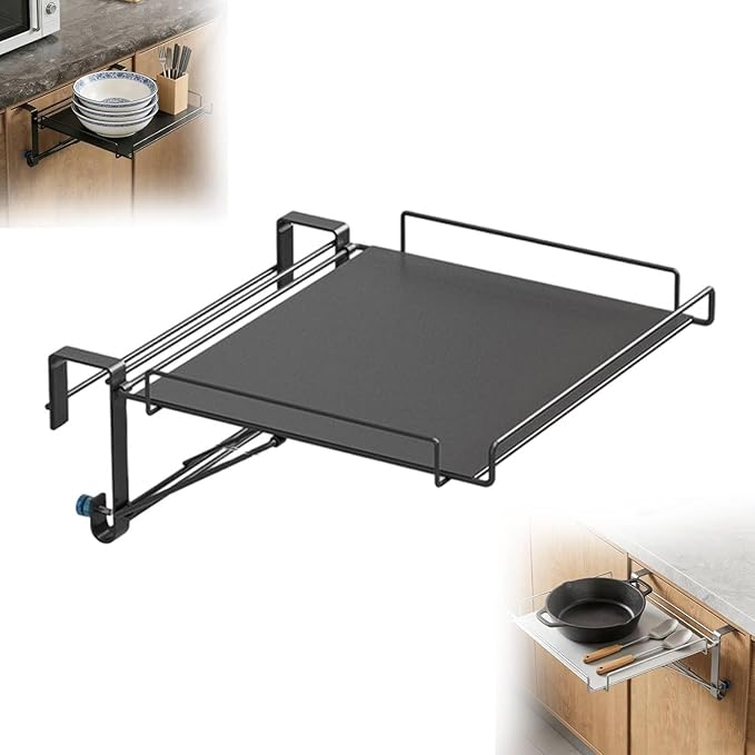 Foldable Cabinet Door Organizer Shelf & Countertop Extender - Metal Storage Rack with Hanging Design,Space-Saving Kitchen Hanging Shelf for Spices, Utensils & Pantry Items (Black)