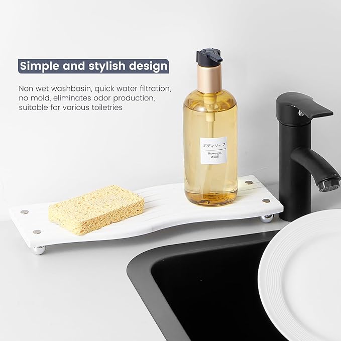 Water Absorbing Stone Tray for Sink,Quick Drying Diatomaceous Earth Coasters Sink Caddy Organizer,Soap Dish Holder & Toothbrush Holder for Bathroom Counter， Toiletries（White, 11.8" x 4.33"）