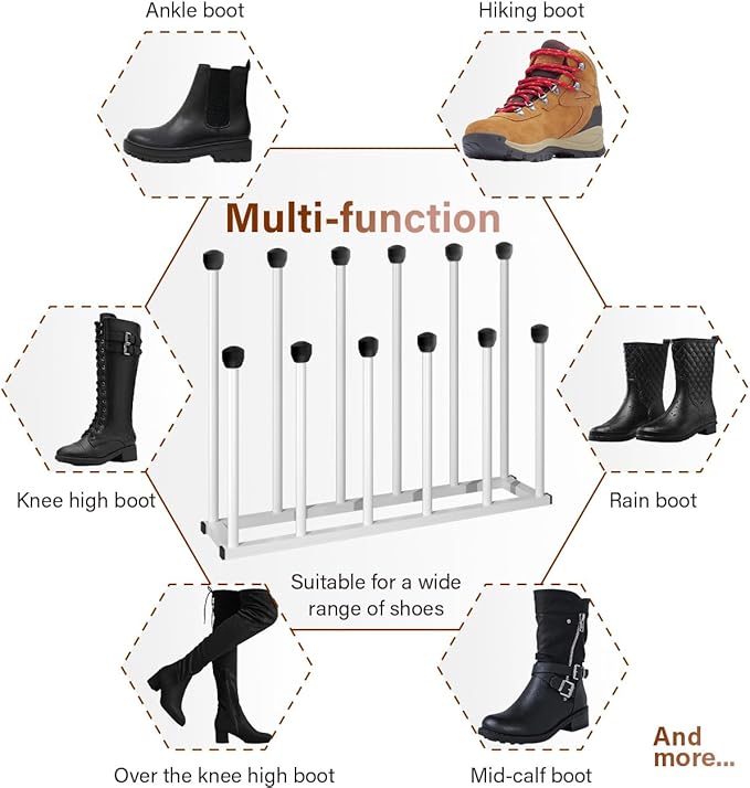 Free Standing Shoe Racks, Tall Black Metal Boot Rack Organizer for 6 Pairs, Knee-High Boot Storage Shelf for Closet, Bedroom, Entryway, Hallway, White