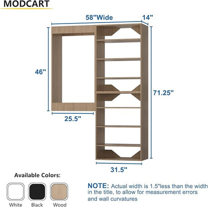 Modular Closet Organizer, 58" Wide with Towers and Hanging, Wood Tower Storage for Walk-in Closets, Wall-Mounted Wardrobe Organizer Kit System, Bedroom