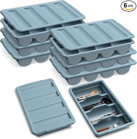 Maxdot 6 Pcs 20.5 x 11.9 x 3.7 Inch Silverware Organizer with Lid, Commercial 4-compartment Restaurant Kitchen Cutlery Tray, Plastic Silverware Storage Container, Condiments Holder (Grayish Blue)