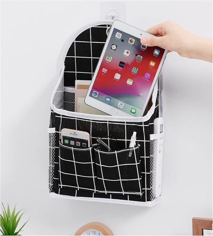 FuninCrea Wall Hanging Storage Bag, Black and White Checkered Linen Organizer Wall Mounted Punch-Free Over The Door Storage Pouch with 6 Storage Pockets and 1 Hanging Hook (Black)