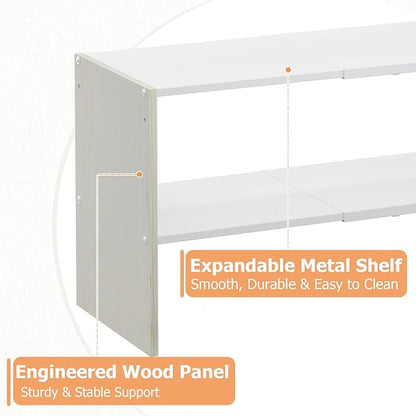X-cosrack 2-Tier Shoe Rack Organizer for Closet, Expandable and Adjustable White Shoe Rack, Stackable Iron Wood Combination Shoe Storage Shelves for Closets, Entryway, Small Space, Hallway, Garage