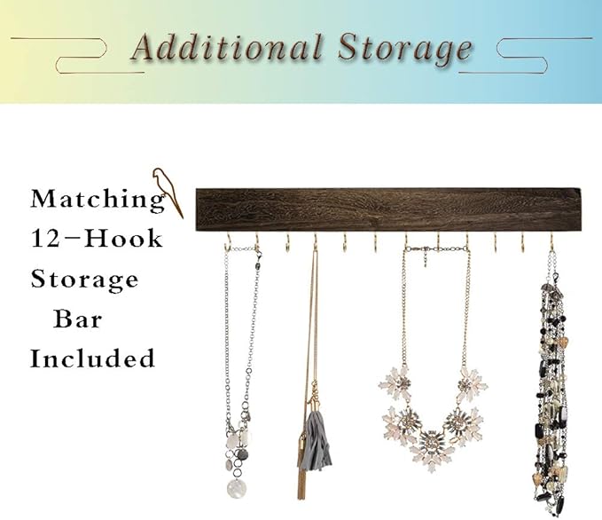 Rustic Wall Mounted Jewelry Organizer,Vintage Wooden Hanging Jewelry Holder Box with Barndoor Decor for Necklaces, Earings, Bracelets, Rings, Accessories. Includes Hook Organizer