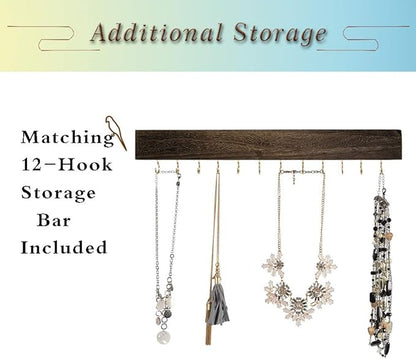 GLANT Rustic Wall Mounted Jewelry Organizer with Wooden Barndoor Decor,Wooden Wall Mount Holder,Jewelry holder for Necklaces, Earings, Bracelets, Ring Holder. Includes matching hook organizer (Rustic)