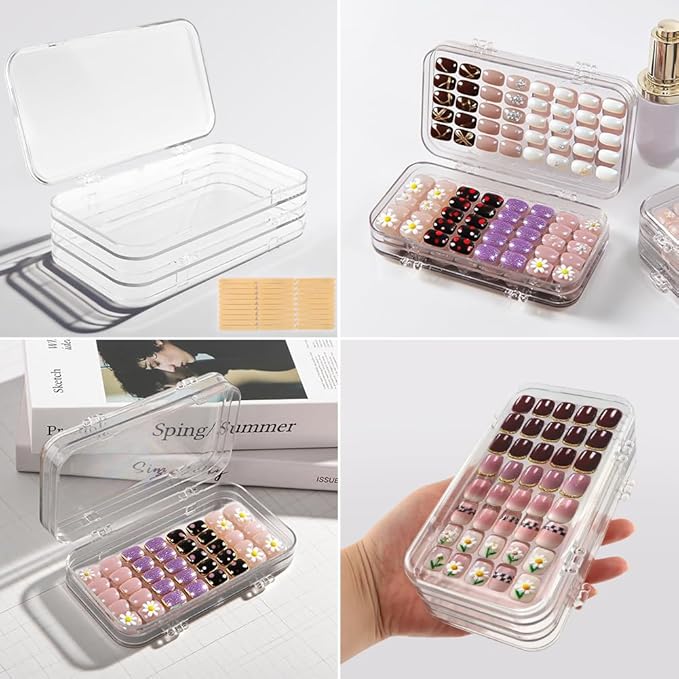 Tri-Fold Press On Nail Boxes Portable Nail Display box, Clear PET Plastic Storage Box for Fake Nails with Adhesive Double Sided Tape nails packaging for press ons