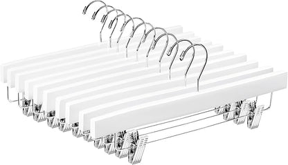 ZOBER Wooden Pants Hangers with Clips - 10 Pack Premium Wood Skirt Hangers for Women, Heavy Duty Wooden Hanger with Adjustable Metal Grip Clips for Jeans and Shorts, Smooth Finish White