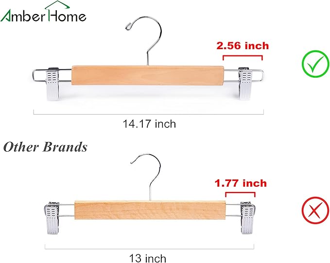 Amber Home 24 Pack 14.17" Solid Natural Wooden Pant Skirt Hangers, Bottom Hangers for Slacks Trousers Jeans with 2-Adjustable Anti-Rust Clips (Natural, 24 Pack)