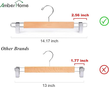 Amber Home 24 Pack 14.17" Solid Natural Wooden Pant Skirt Hangers, Bottom Hangers for Slacks Trousers Jeans with 2-Adjustable Anti-Rust Clips (Natural, 24 Pack)