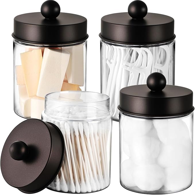 Amolliar Farmhouse Decor Qtip Holder Dispenser for Cotton Swabs,Balls, Cotton Pads, Floss - Clear Plastic Apothecary Jar for Bathroom Canister Storage, Vanity Countertop Makeup Organizer-Bronze (4)