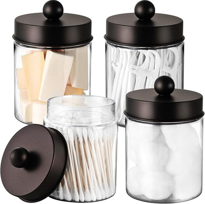 Amolliar Farmhouse Decor Qtip Holder Dispenser for Cotton Swabs,Balls, Cotton Pads, Floss - Clear Plastic Apothecary Jar for Bathroom Canister Storage, Vanity Countertop Makeup Organizer-Bronze (4)