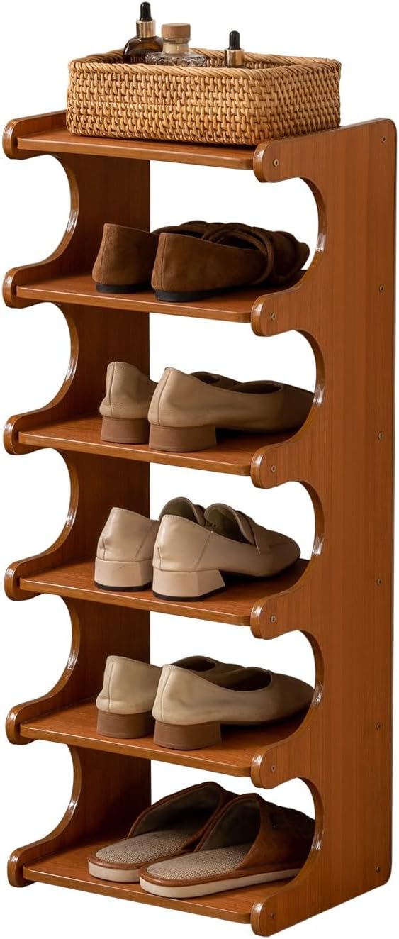 Vertical Narrow Shoe Rack, Corner Shoe Rack for Entryway, 6 Tier Wooden Free Standing Multi Layer Shoe Storage Rack for Entryway, Corridors, Bedrooms Living Room Corner And Small Spaces(6 Tier)