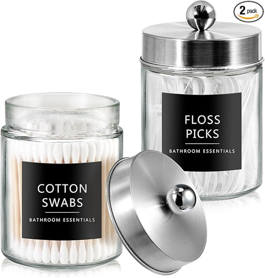 SheeChung 2-Pack Qtip Holder Dispenser - Glass Apothecary Jars with Rust-Proof Stainless Steel Lids - Modern Farmhouse Bathroom Vanity Organizer for Cotton Swabs, Balls, Pads(Brushed Nickel,2Pack)