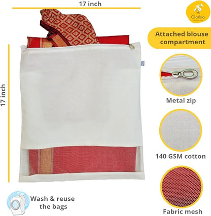 Reusable Cotton Saree Cover with Blouse compartment big size for Storage, Wardrobe Organizer bags saree bags cotton (17x17 inches, 24)