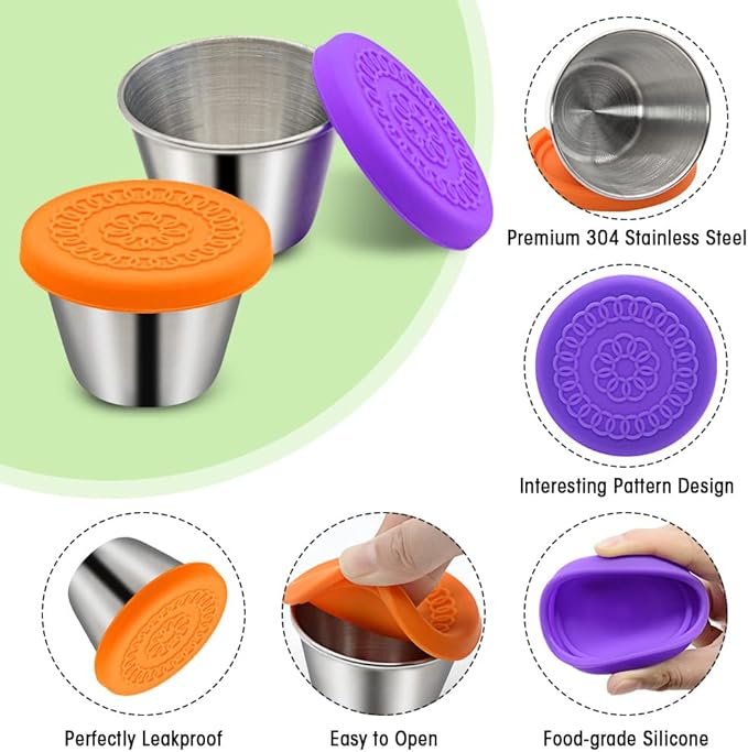 6Pack 2.4oz Salad Dressing Container To Go, Small Stainless Steel Condiment Containers with Silicone Lids, Leakproof Reusable Dipping Sauce Cups for Lunch Box