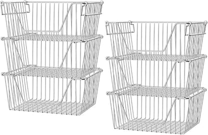 Slideep Stackable Storage Baskets Stainless Steel Cabinet Organizer Sturdy Metal Wire Pantry Freezer Bin for Pantry Home Bathroom Kitchen Organization 6 Packs