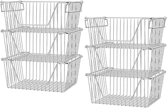 Slideep Stackable Storage Baskets Stainless Steel Cabinet Organizer Sturdy Metal Wire Pantry Freezer Bin for Pantry Home Bathroom Kitchen Organization 6 Packs