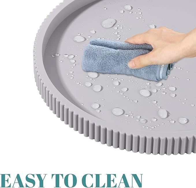 Silicone Bathroom Tray Round Kitchen Counter Organizer Decorative Vanity Accessories Coffee Table Decor for Perfume, Candle, Soap Dish, 9 Inch, Light Grey