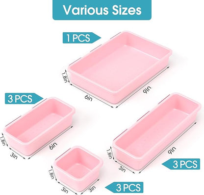10 PCS Drawer Organizer Set, 4 Size Makeup Drawer Divider Organizer With Non-Slip Pads, Interlocking Plastic Storage Bins for Office,Jewelry Vanity,Gadgets, Bathroom,Kitchen, Pink