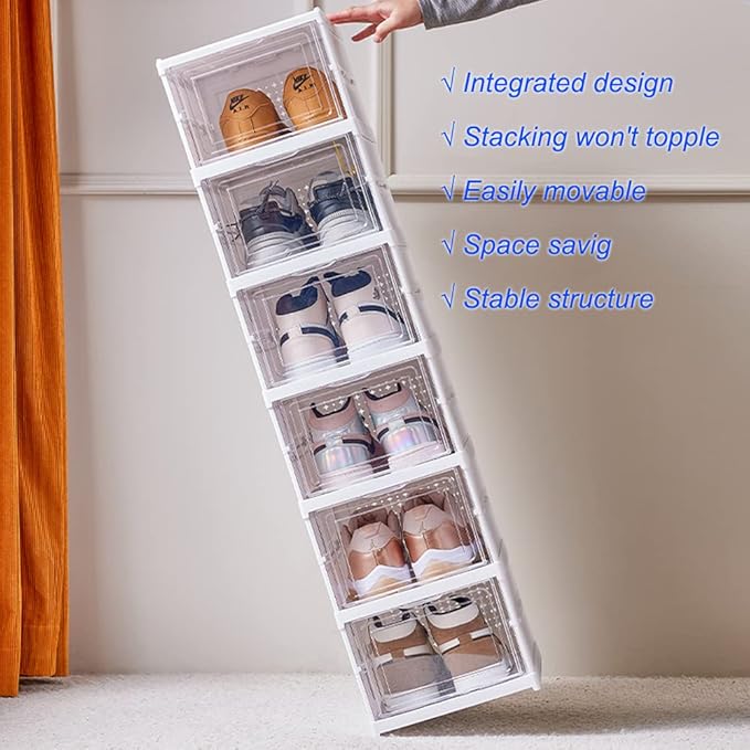 6-Tier Shoe Rack Shoe Storage Box Bins Clear Collapsible Plastic Installation-Free Stackable Foldable Tote with Lids Organizing Dustproof