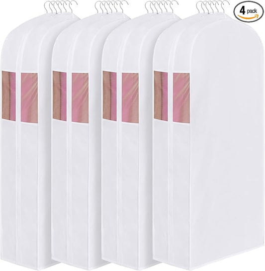 Univivi Premium Cotton Garment Bags for Hanging Clothes and Storage, 60 Inch Washable Dress Bags for Gowns Long, Full Zipper Dust Cover with Extra Large 10" Gusset & Clear Window - 4 Pack